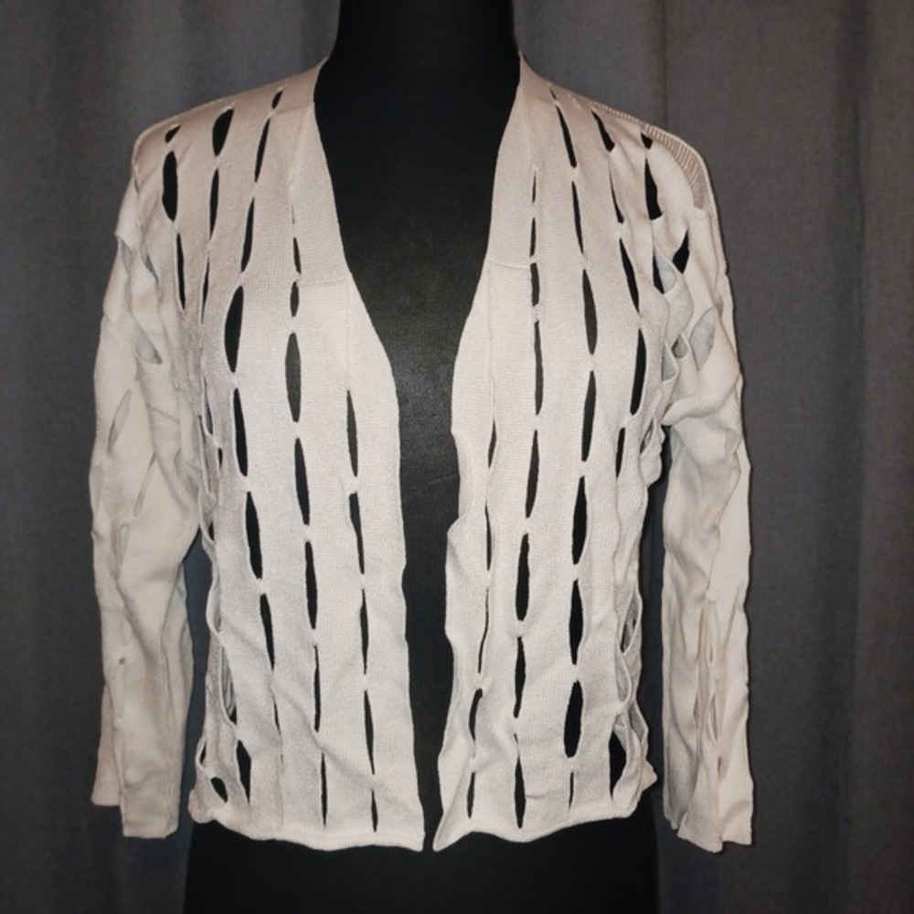 Viviane Furrier White Knit Cutout Cardigan‎ Open Weave Layering Sweater